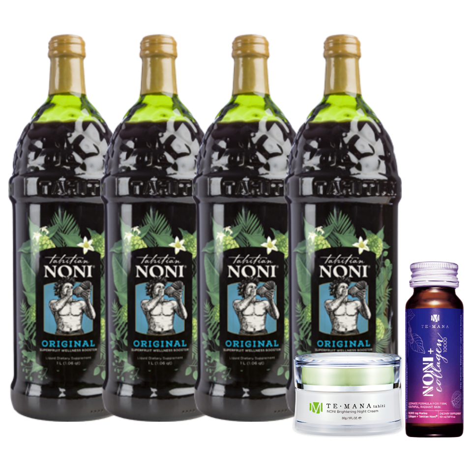 タヒチアンノニジュース4本＋テマナノニブライントニング ナイトクリーム（夜用クリーム）1個＋テマナ ノニコラーゲン 1本